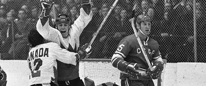 frank lennon shot of paul henderson..Yvon Cournoyer (12) of Team Canada hugging Paul Henderson after scoring the winning goal in the Canada U.S.S.R. hockey series in Sept. 28, 1972.