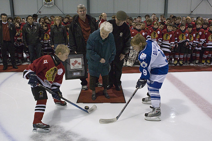 Ceremonial Puck Drop - Joe Bradshaw & Kyle Lewis take the face off from Mayor Hazel McCallion Sunday afternoon at the Hershey Centre while almost all of the Mississauga Braves organization looks on.