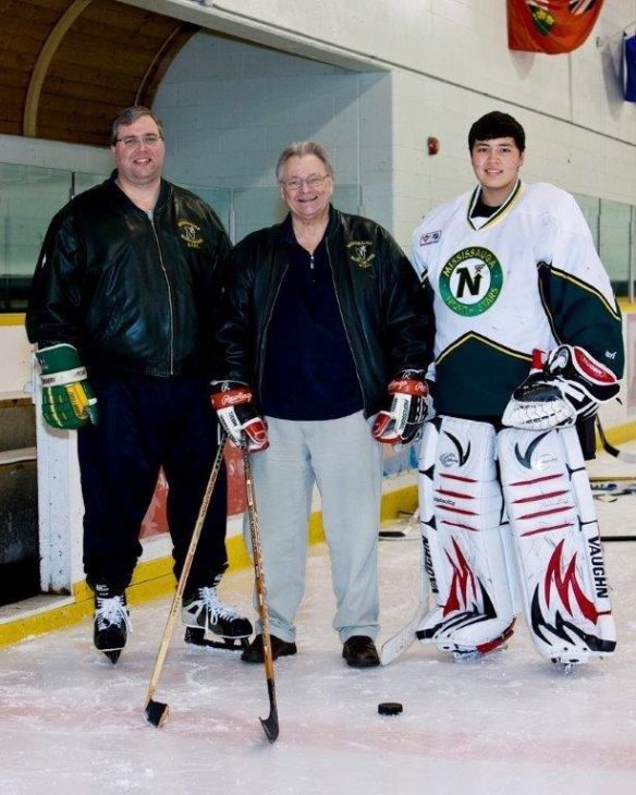 Three generations of Peter Johnson's. Mississauga North Stars General Manager Peter Johnson (middle) with his son (left) and grandson (right), all named Peter. 