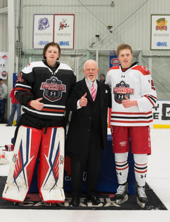 MVPs Chase Clark (left) and Riley Piercey with Don Cherry. 